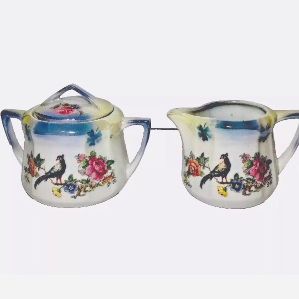 Vintage Lidded Sugar Bowl and Creamer Luster Ware Bird Flowers Made in Germany